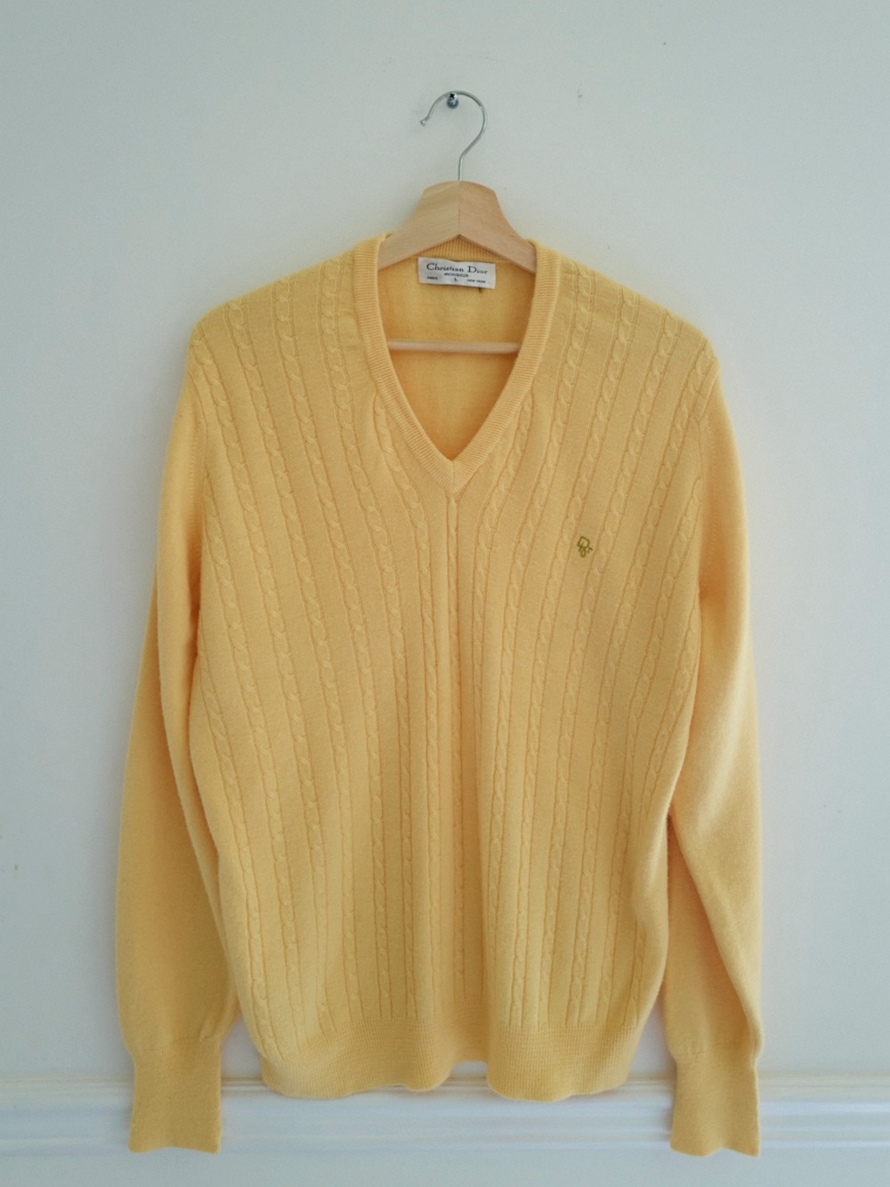CHRISTIAN DIOR Yellow Cable Knit V-Neck Sweater Made in the USA